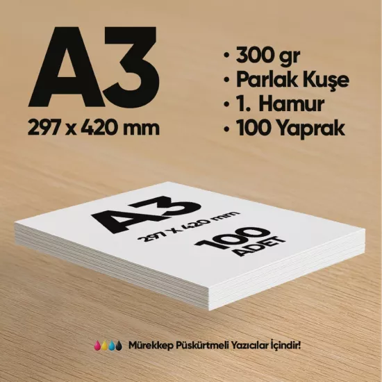 İnformal Baskı Kağıdı Premium Kalite A3 300 gr Parlak Kuşe(Mürekkep püskürtmeli için) 100 Adet 1.Hamur