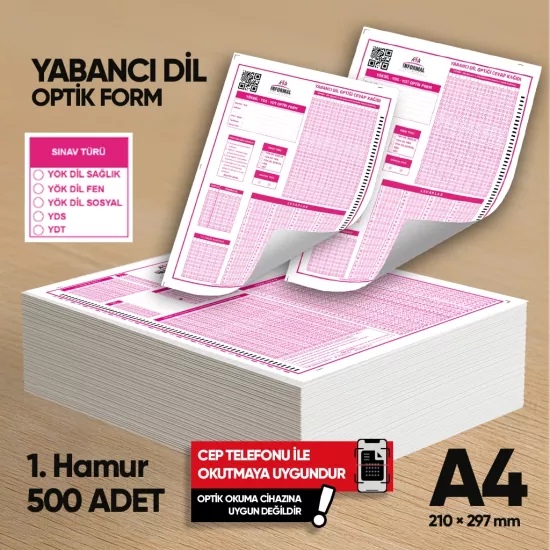 Yabancı Dil (YÖKDİL, YDS ve YDT) Deneme Sınavları İçin 500 Adet (80.GR) Optik Form 