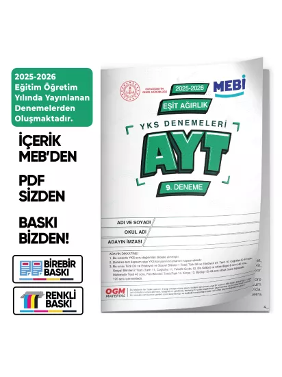 2026 YKS-AYT EŞİT AĞIRLIK MEBİ ONLİNE Türkiye Geneli 9. Deneme Büyük Boy Renkli BASKI ÜCRETİ