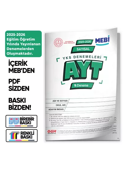 2026 YKS-AYT SAYISAL MEBİ ONLİNE Türkiye Geneli 9. Deneme Büyük Boy RENKLİ BASKI ÜCRETİ