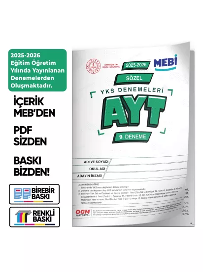 2026 YKS-AYT SÖZEL MEBİ ONLİNE Türkiye Geneli 9. Deneme Büyük Boy RENKLİ  BASKI ÜCRETİ