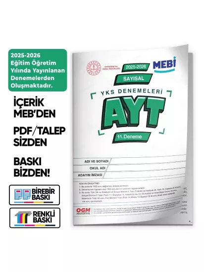 2026 YKS-AYT SAYISAL MEBİ ONLİNE Türkiye Geneli 11. Deneme Büyük Boy RENKLİ BASKI ÜCRETİ Güncel Baskı