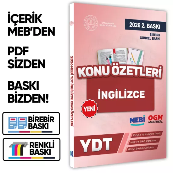 2026 YDT MEBİ-OGM İngilizce Pratik Konu Özet Kitabı RENKLİ A4 Boyut Görsel Destekli BASKI ÜCRETİ