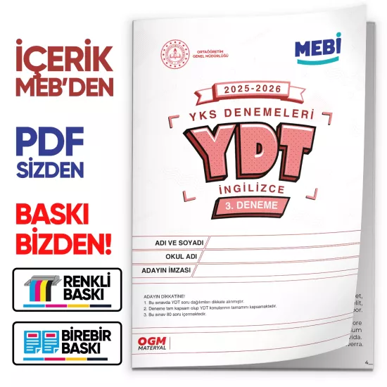 2026 ÖSYM YKS-YDT MEBİ OGM  Türkiye Geneli 3. Deneme  Büyük Boy Renkli BASKI ÜCRETİ