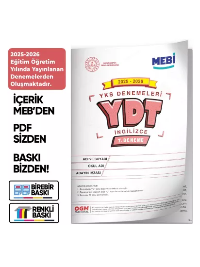 2026 YKS-YDT MEBİ ONLİNE OGM  Türkiye Geneli 7. Deneme  Büyük Boy Renkli BASKI ÜCRETİ