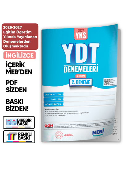 2027 YDT İNGİLİZCE MEBi-OGM ONLİNE Türkiye Geneli 2. Deneme Büyük Boy RENKLİ BASKI ÜCRETİ