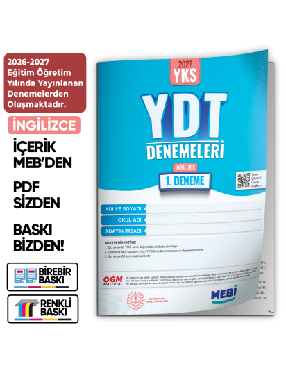 2027 YDT İNGİLİZCE MEBi-OGM ONLİNE Türkiye Geneli 1. Deneme Büyük Boy RENKLİ BASKI ÜCRETİ