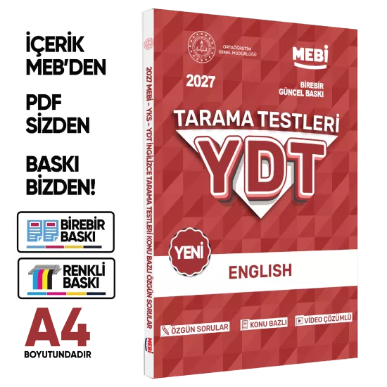 2027 YKS-YDT MEBİ-OGM İngilizce Özgün Tarama Testleri Kitabı A4 Boyut Renkli Görsel BASKI ÜCRETİ