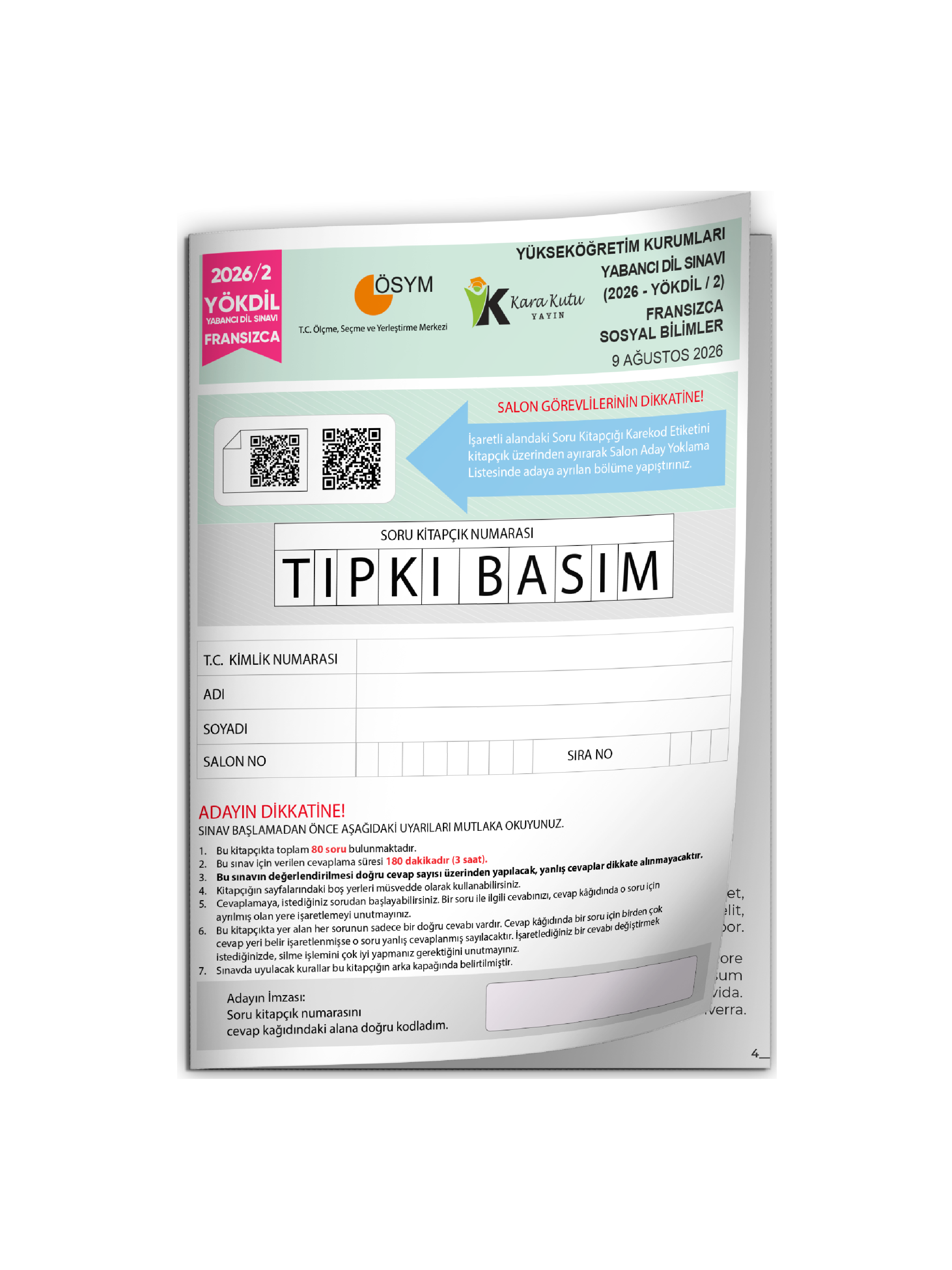 2026/2 YÖKDİL Fransızca SOSYAL Bilimler ÖSYM Çıkmış Soru Tıpkı Basım Deneme Kitapçığı Türkiye Geneli