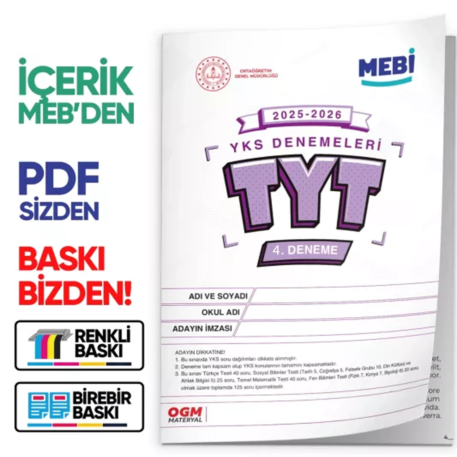 2026 YKS-TYT MEBİ ONLİNE Türkiye Geneli 4. Deneme Büyük Boy Renkli BASKI ÜCRETİ