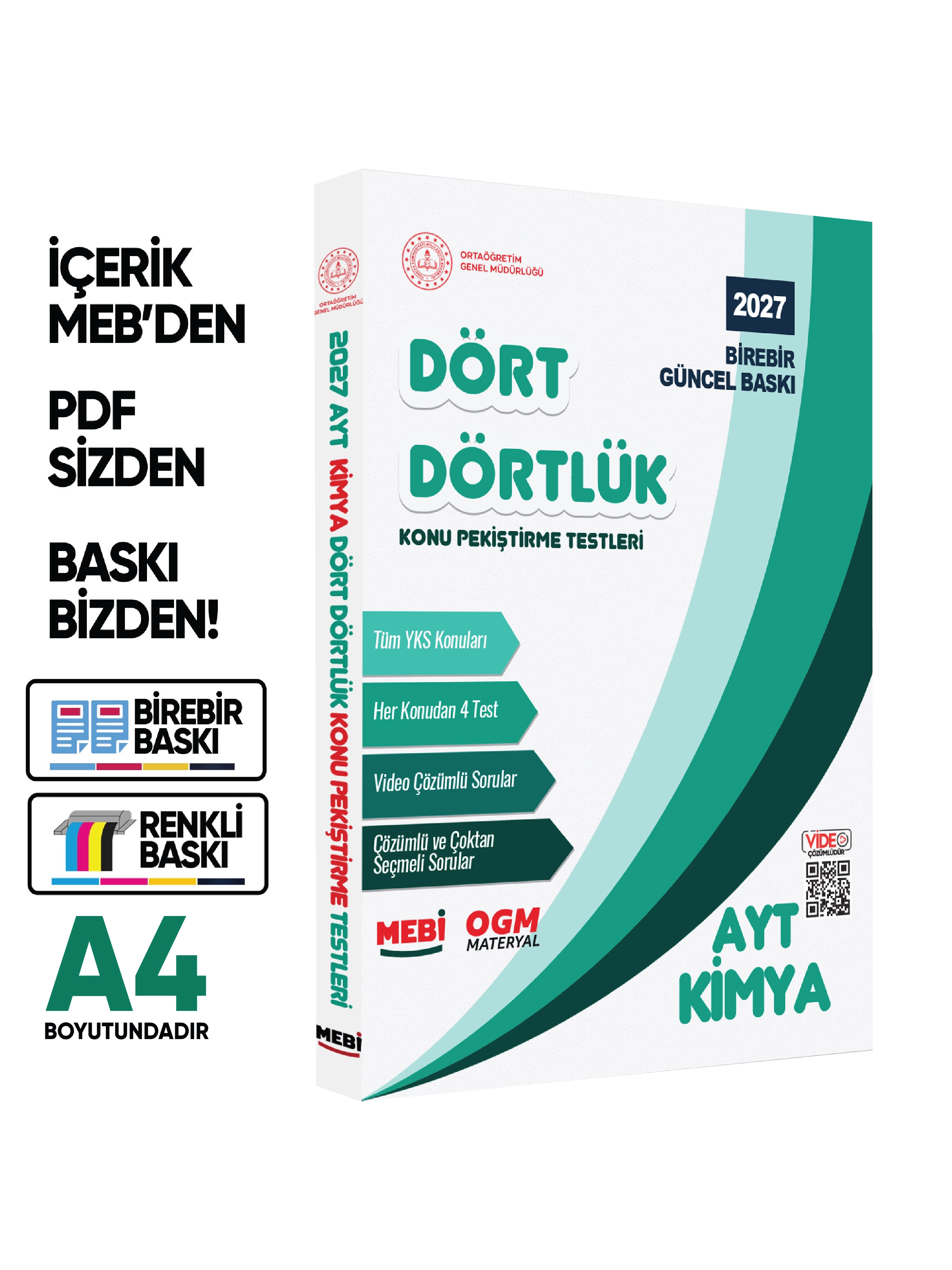 2027 YKS-AYT MEBİ-OGM Dört Dörtlük Kimya Pekiştirme Testi A4 Renkli Soru Bankası BASKI ÜCRETİ