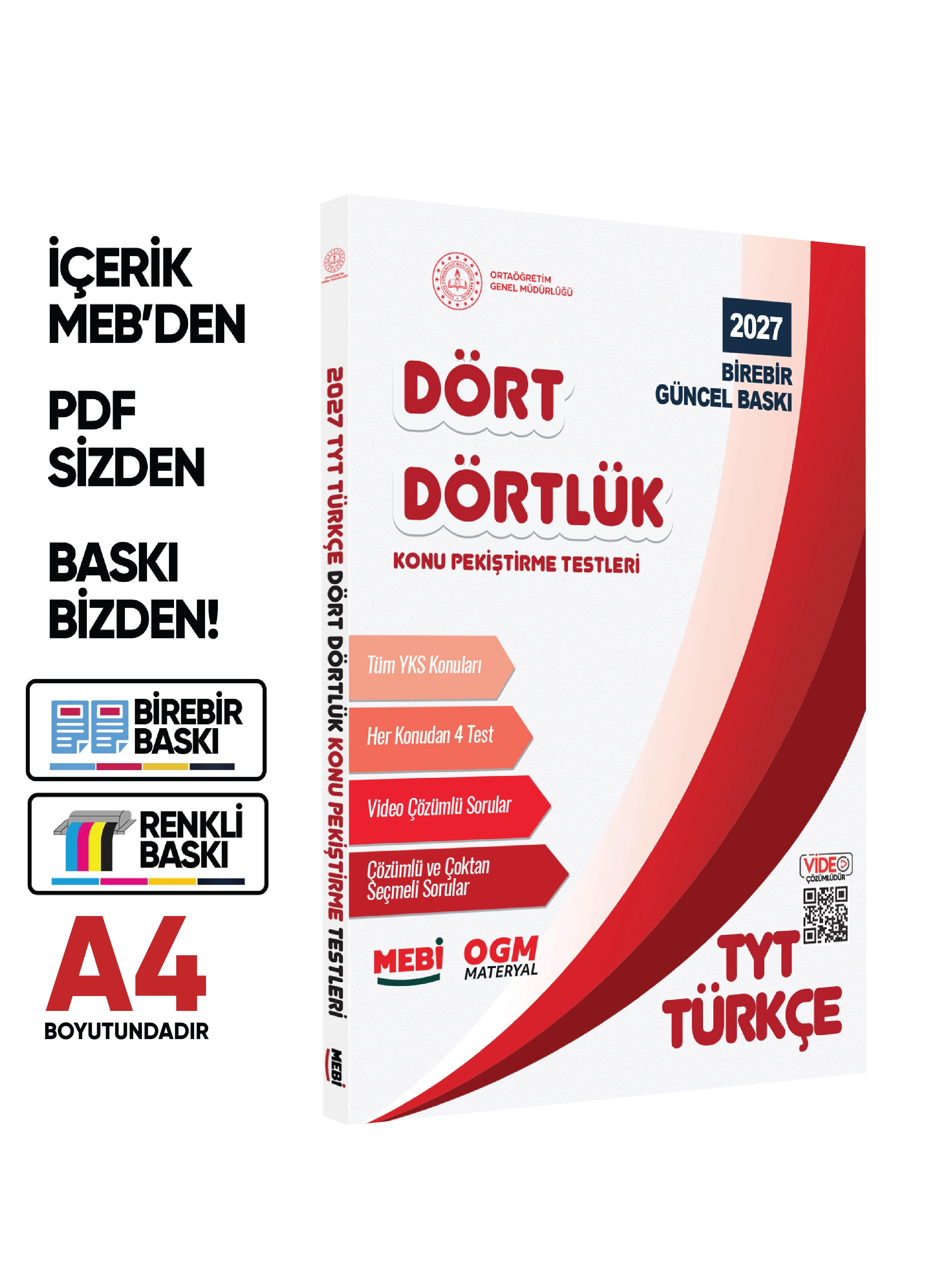 2027 YKS-TYT MEBİ-OGM Dört Dörtlük Türkçe Pekiştirme Testi A4 Renkli Soru Bankası BASKI ÜCRETİ