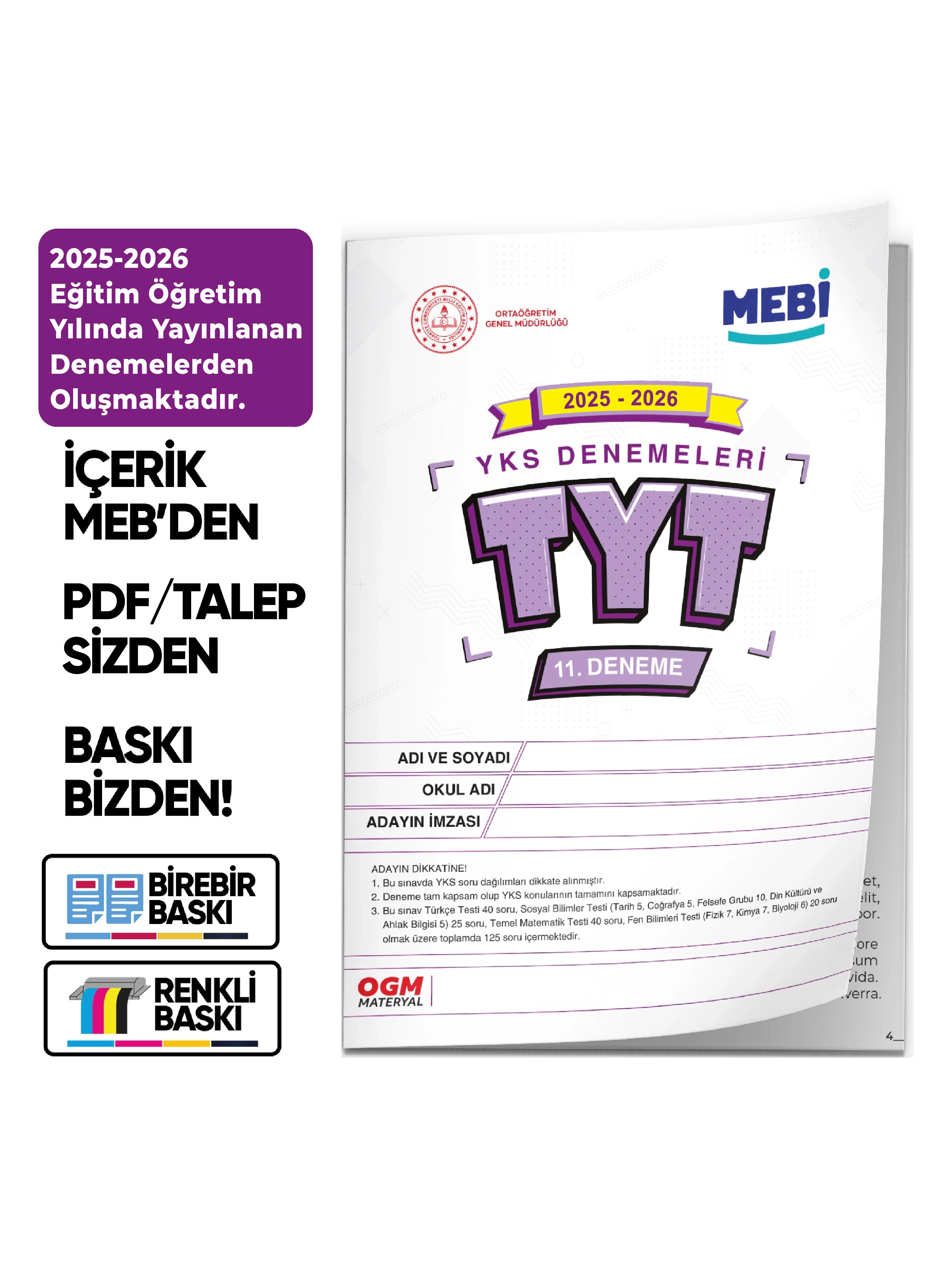 2026 YKS-TYT MEBi ONLİNE Türkiye Geneli 11. Deneme Büyük Boy Renkli BASKI ÜCRETİ Güncel Baskı