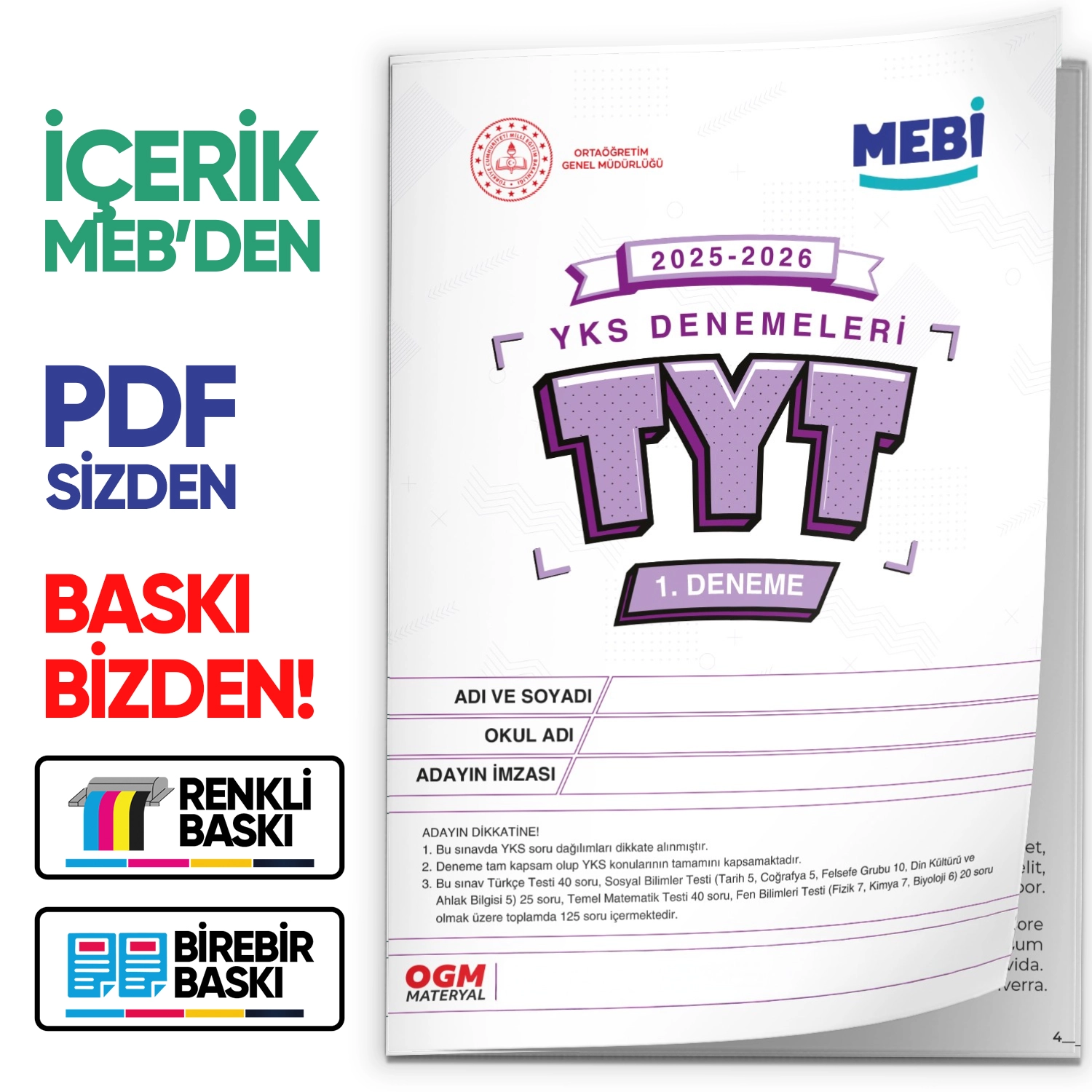 2026 YKS-TYT MEBİ ONLİNE Türkiye Geneli 1. Deneme  Büyük Boy RENKLİ BASKI ÜCRETİ