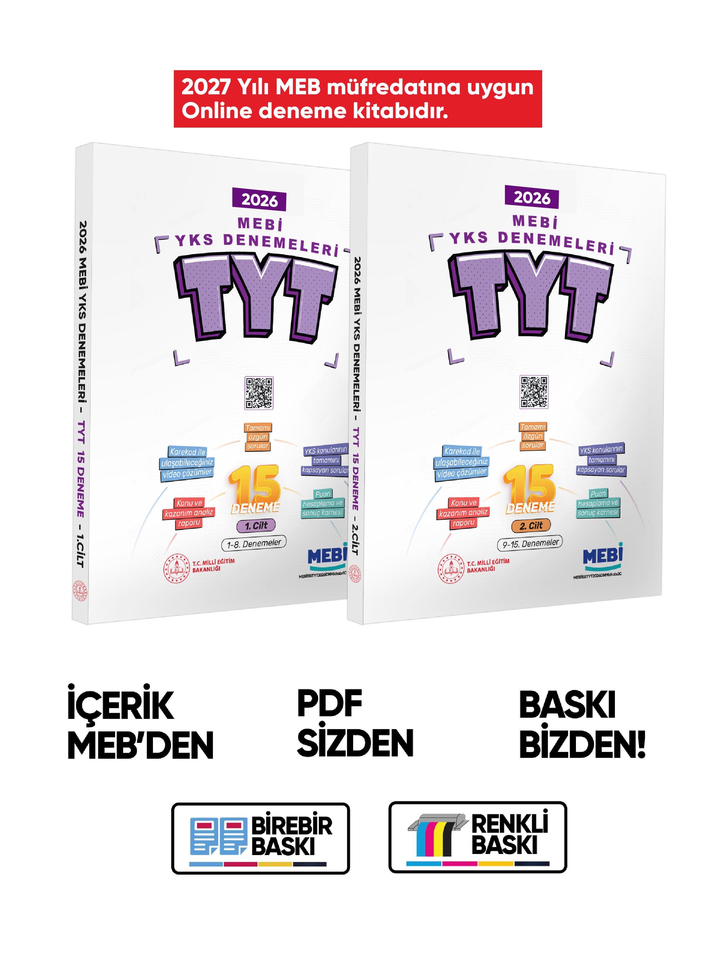 2027 MEBİ YKS-TYT 15li Deneme Kitabı Video Çözümlü 1. ve 2. Cilt Renkli BASKI ÜCRETİ