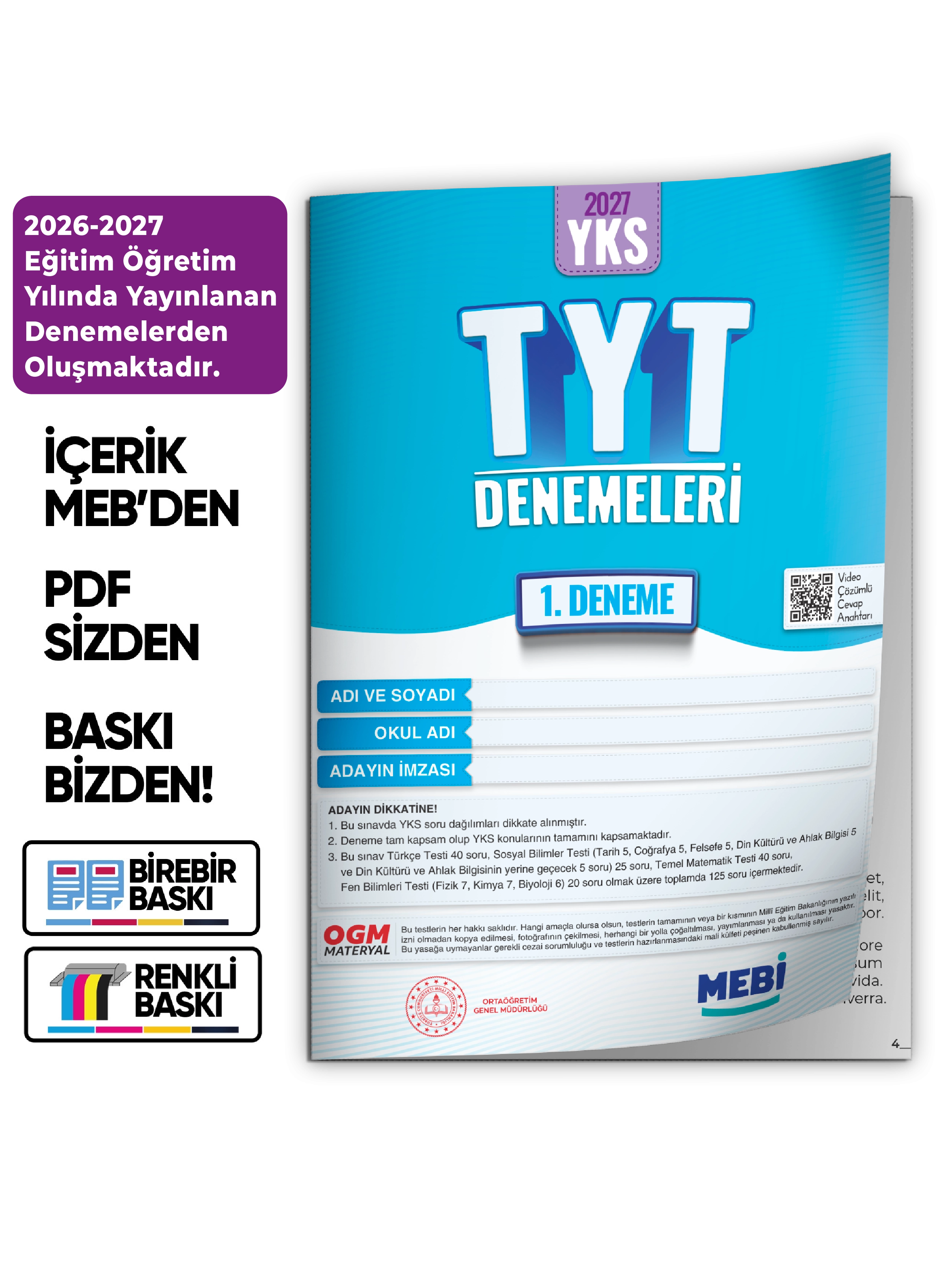2027 YKS-TYT MEBi ONLİNE Türkiye Geneli 1. Deneme  Büyük Boy RENKLİ BASKI ÜCRETİ