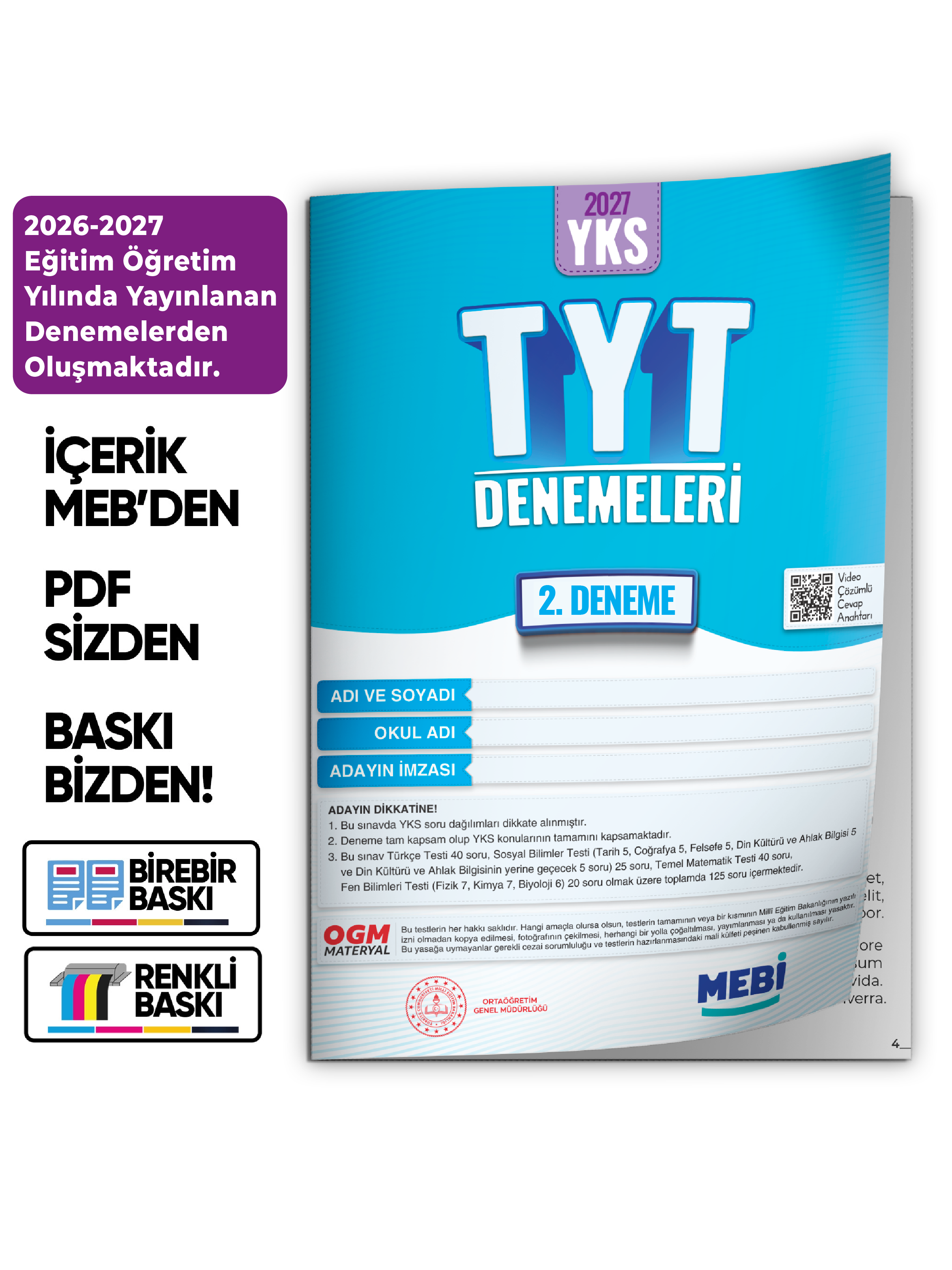 2027 YKS-TYT MEBi ONLİNE Türkiye Geneli 2. Deneme  Büyük Boy RENKLİ BASKI ÜCRETİ