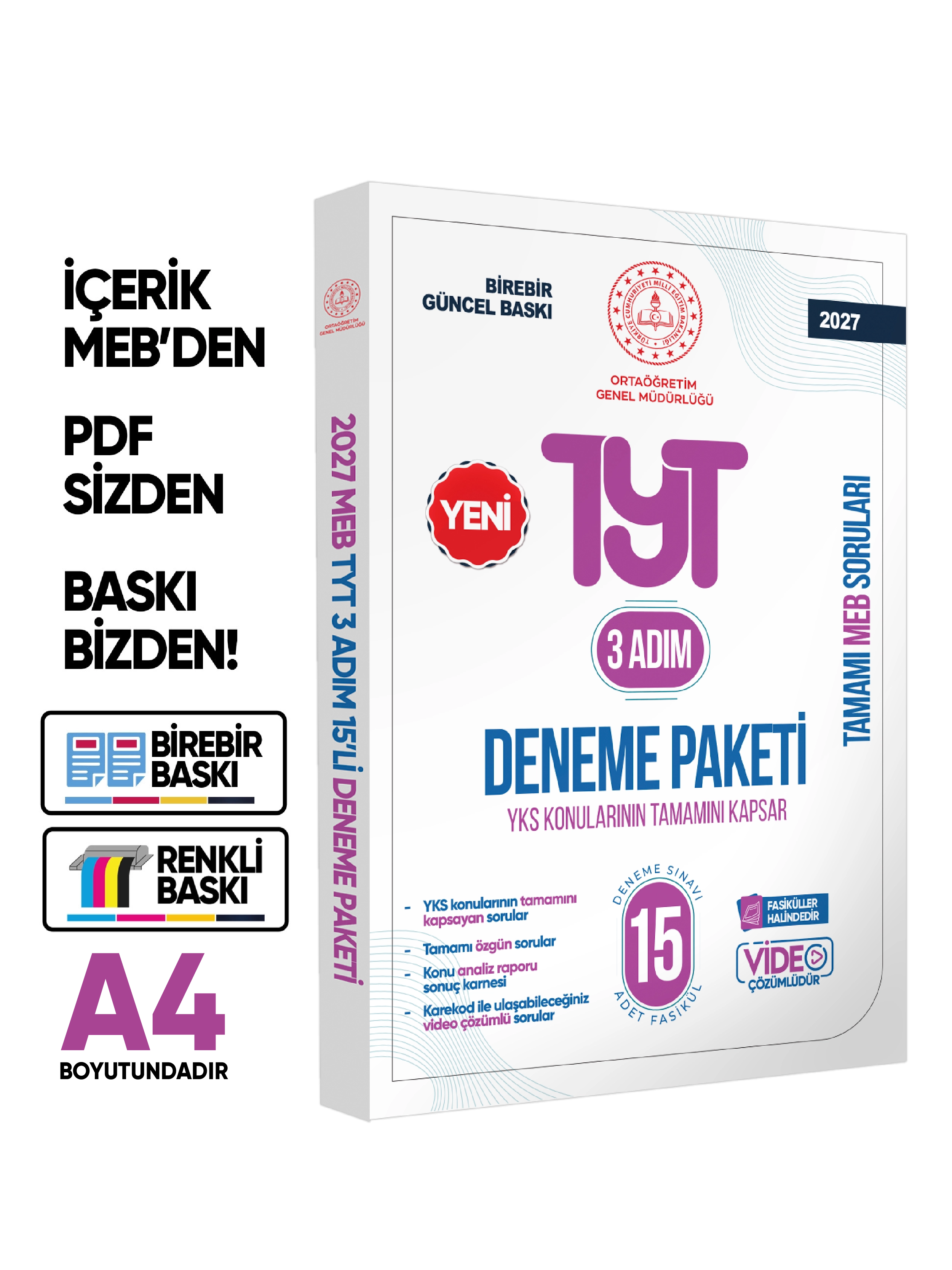 2027 3 Adım YKS-TYT MEBİ Özgün Sorular 15li Deneme Paketi Video Çözümlü BASKI ÜCRETİ