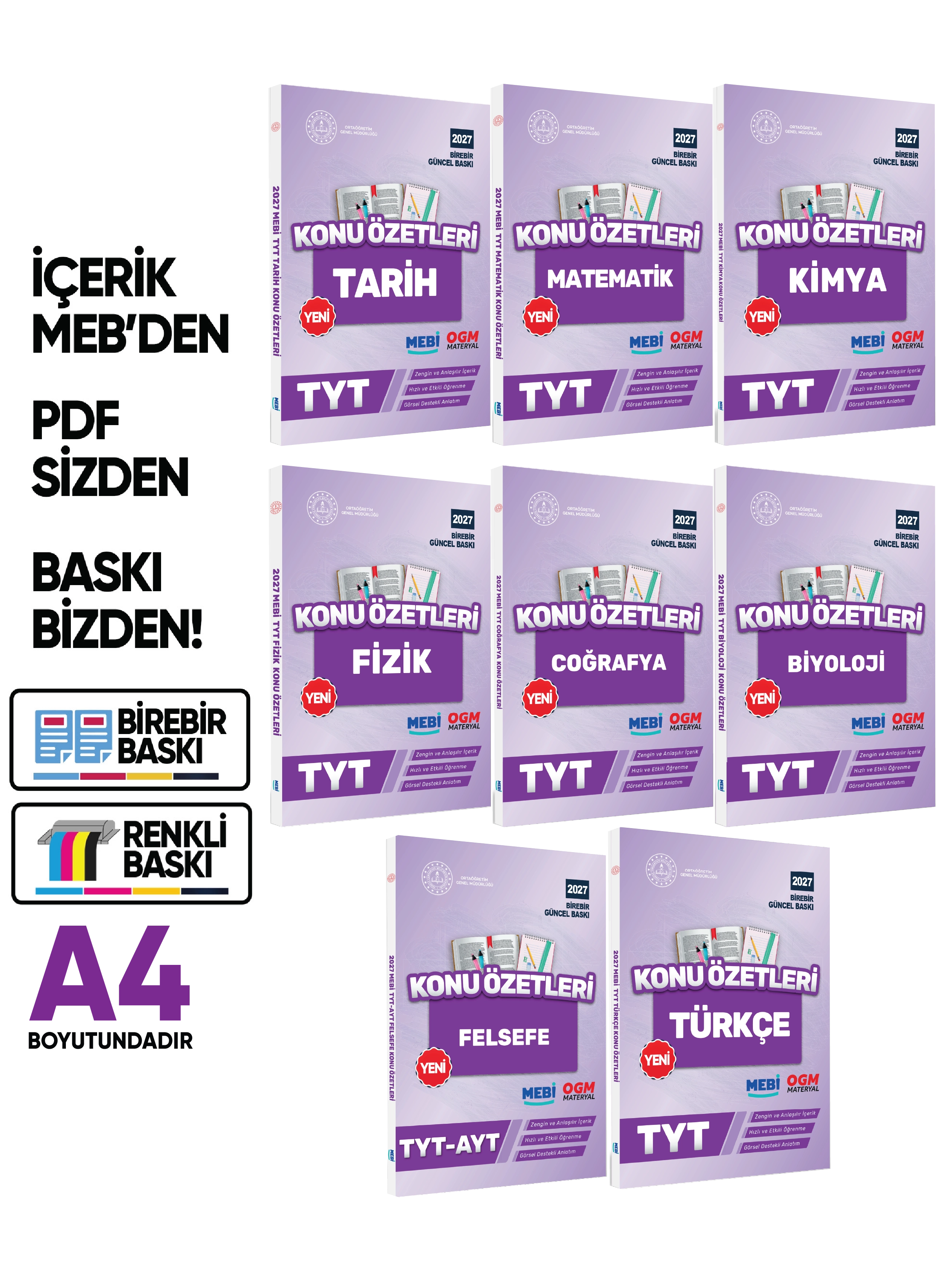 2027 YKS-TYT MEBİ-OGM Pratik Konu Özet Kitap SETİ RENKLİ A4 Boyut Görsel Destekli BASKI ÜCRETİ