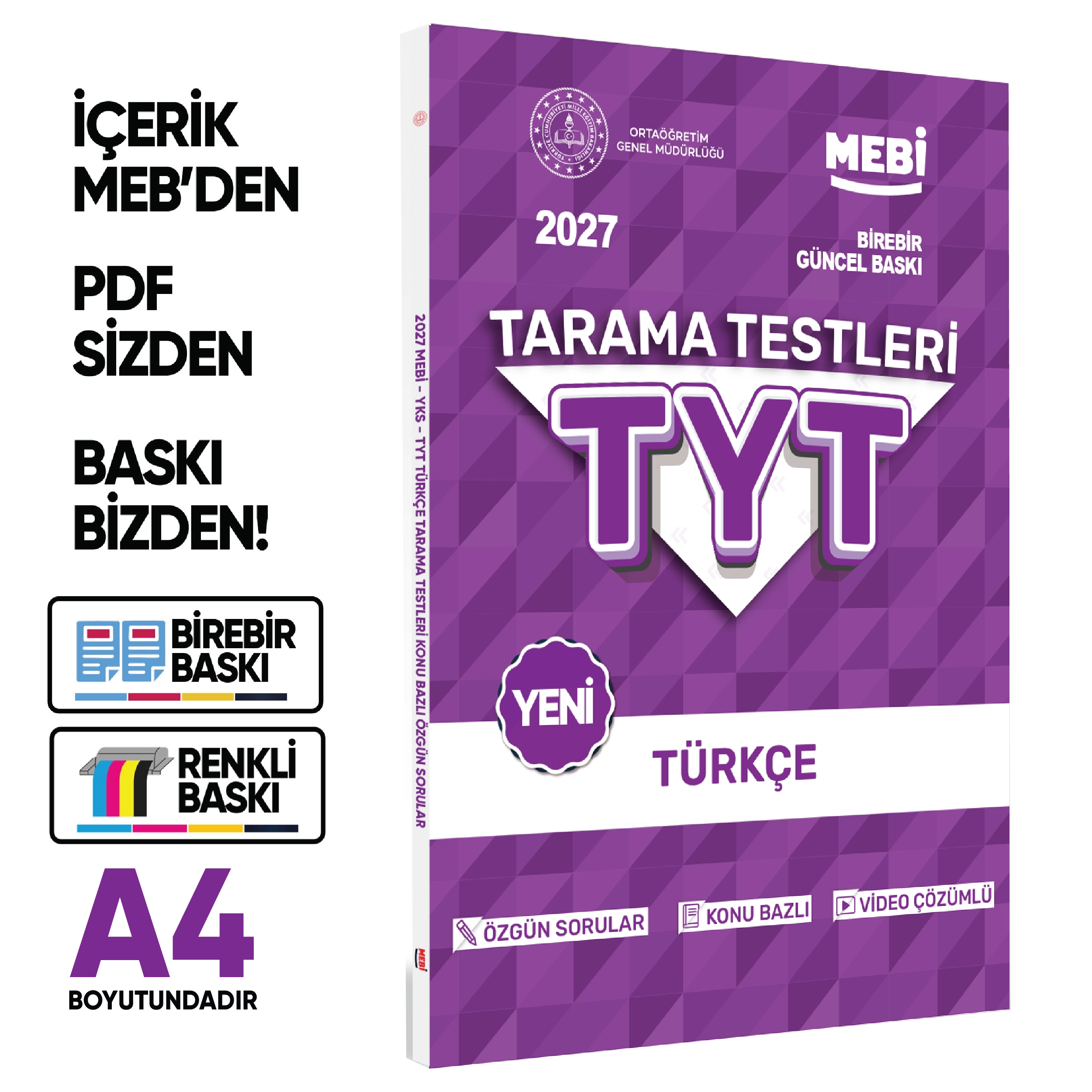2027 YKS-TYT MEBİ-OGM Türkçe Özgün Tarama Testleri Kitabı A4 Boyut Renkli Görsel BASKI ÜCRETİ