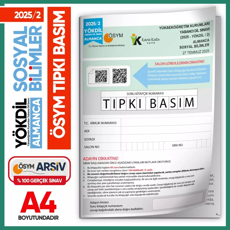 2025/2 YÖKDİL Almanca Sosyal Bilimler ÖSYM Çıkmış Soru Tıpkı Basım Deneme Kitapçığı Türkiye Geneli