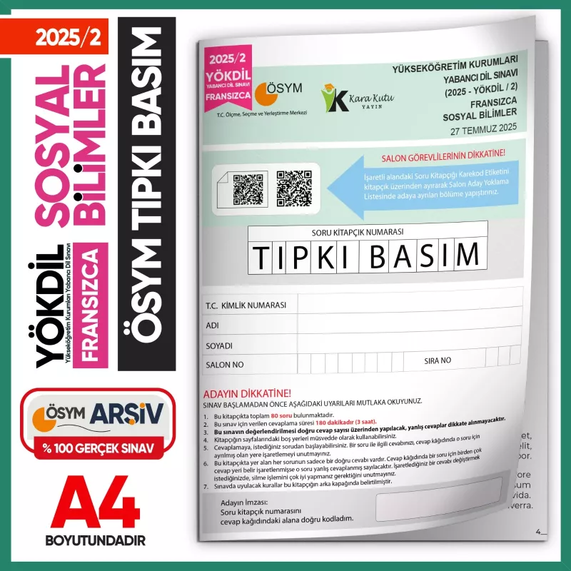 2025/2 YÖKDİL Fransızca SOSYAL Bilimler ÖSYM Çıkmış Soru Tıpkı Basım Deneme Kitapçığı Türkiye Geneli