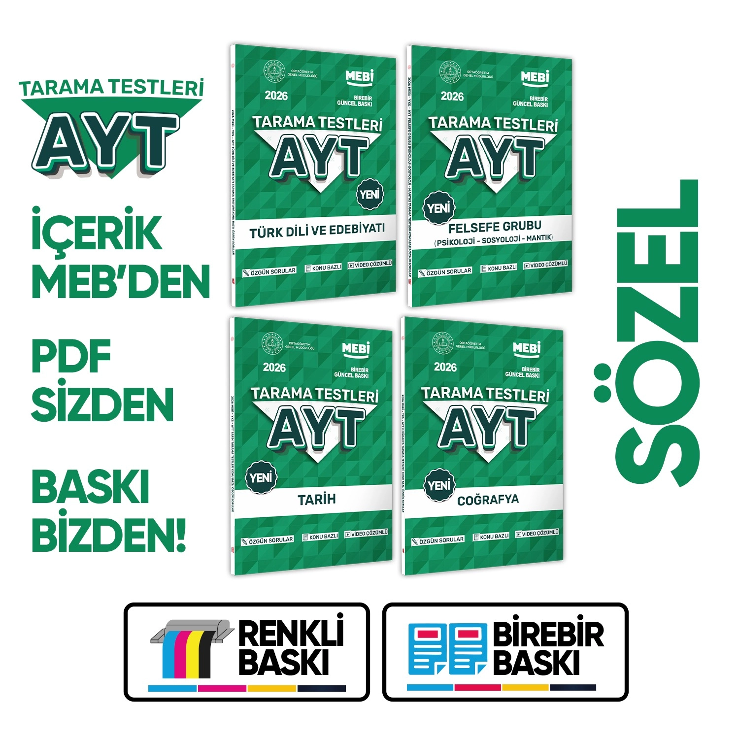2026 YKS-AYT MEBİ-OGM 4lü Özgün Tarama Sözel (SÖZ) Test Kitabı SETİ A4 Boyut BASKI ÜCRETİ