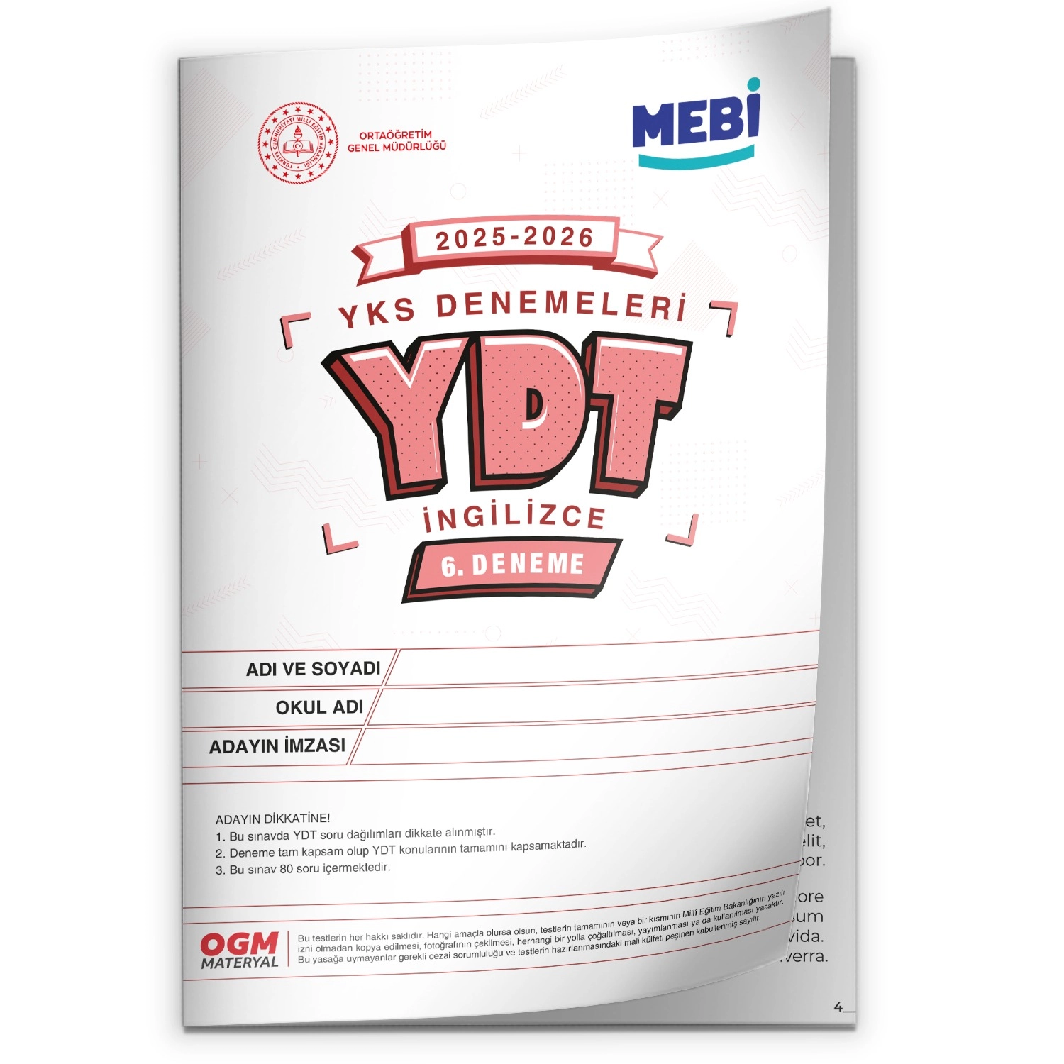2026 YKS-YDT İNGİLİZCE MEBİ OGM Güncel Seri Online Deneme 12li SET BASKI ÜCRETİ