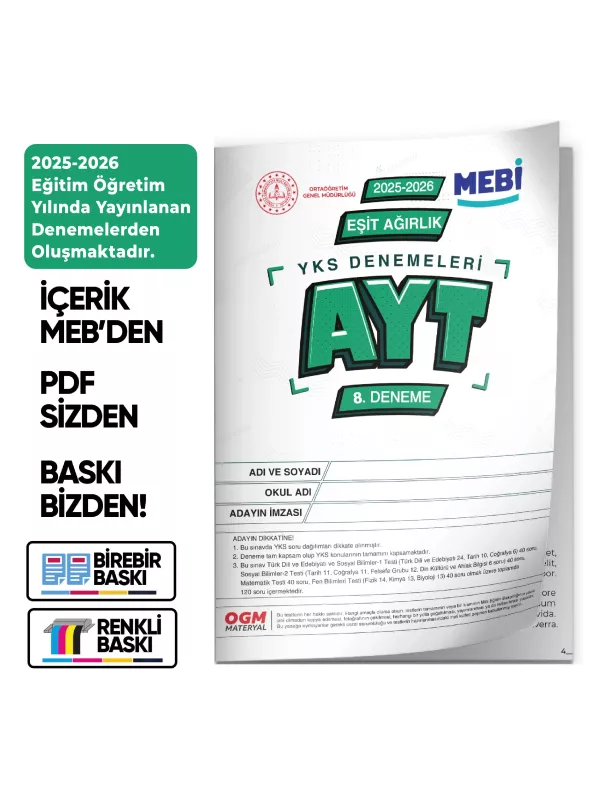 2026 YKS-AYT EŞİT AĞIRLIK MEBİ ONLİNE Türkiye Geneli 8. Deneme Büyük Boy Renkli BASKI ÜCRETİ