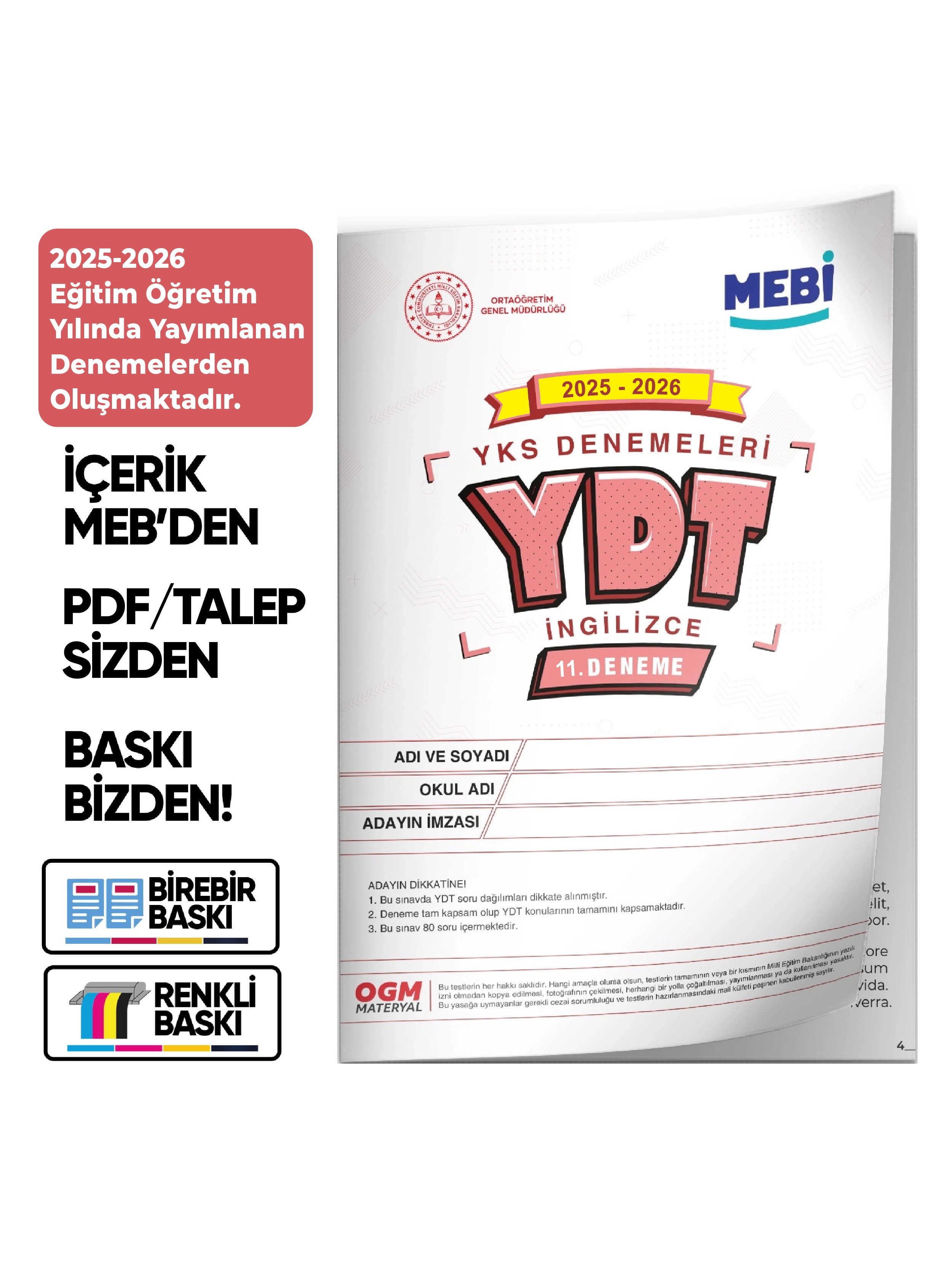 2026 YKS-YDT İNGİLİZCE MEBİ OGM Güncel Seri Online Deneme 12li SET BASKI ÜCRETİ