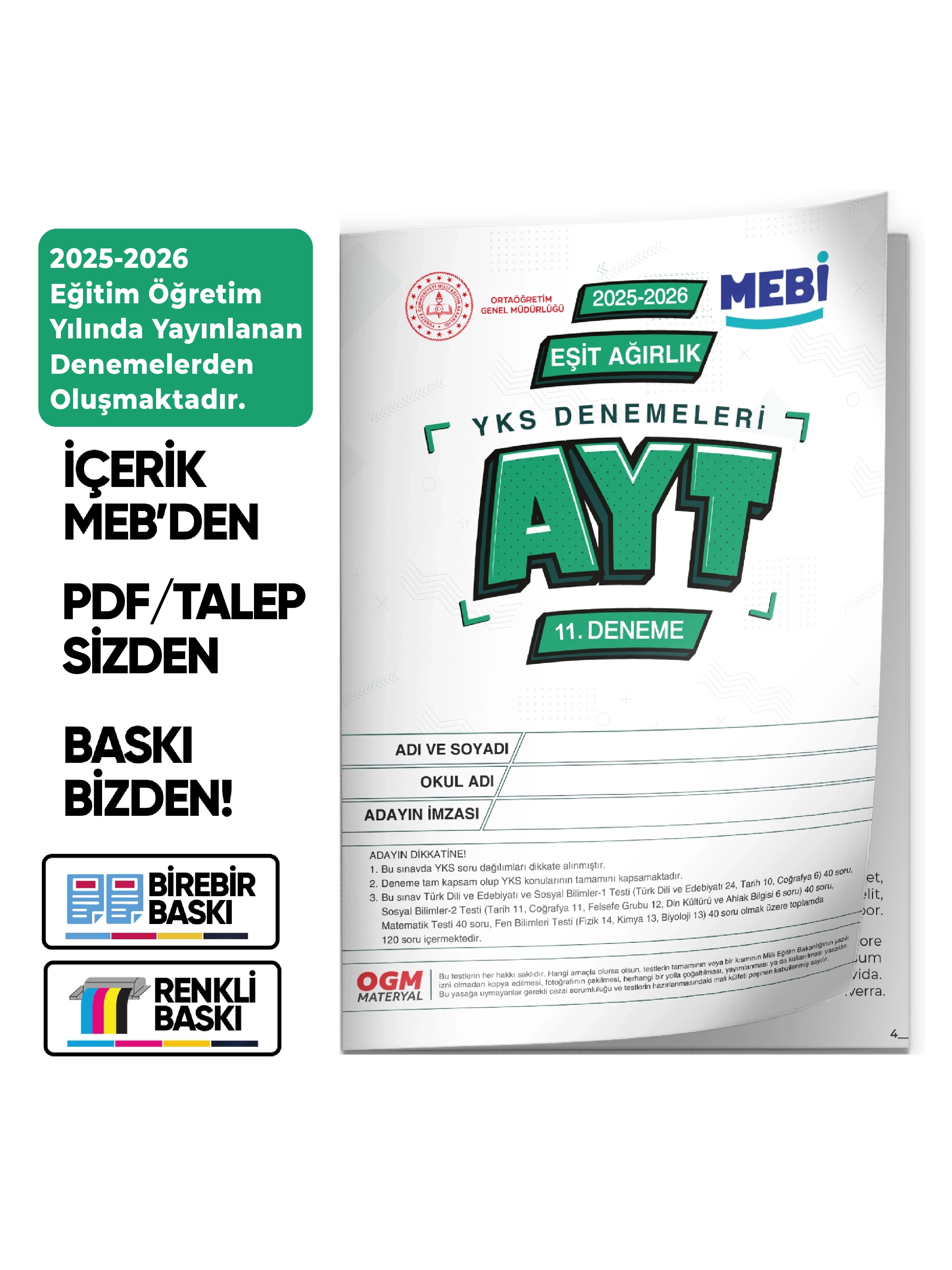 2026 YKS-AYT Eşit Ağırlık TM MEBİ ONLİNE Türkiye Geneli 11. Deneme Büyük Boy RENKLİ BASKI ÜCRETİ