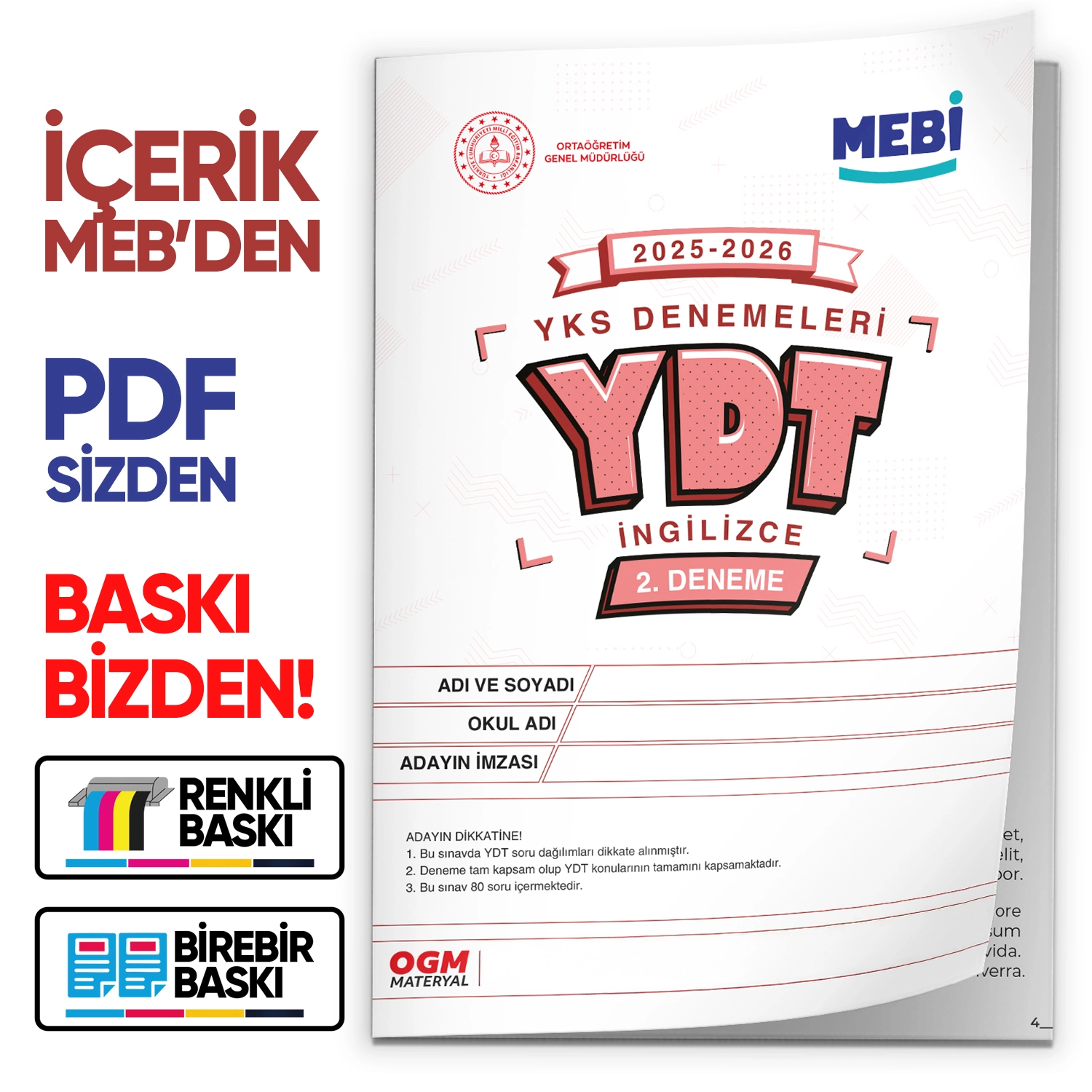 2026 YKS-YDT İNGİLİZCE MEBİ ONLİNE OGM Türkiye Geneli 2. Deneme  Büyük Boy Renkli BASKI ÜCRETİ
