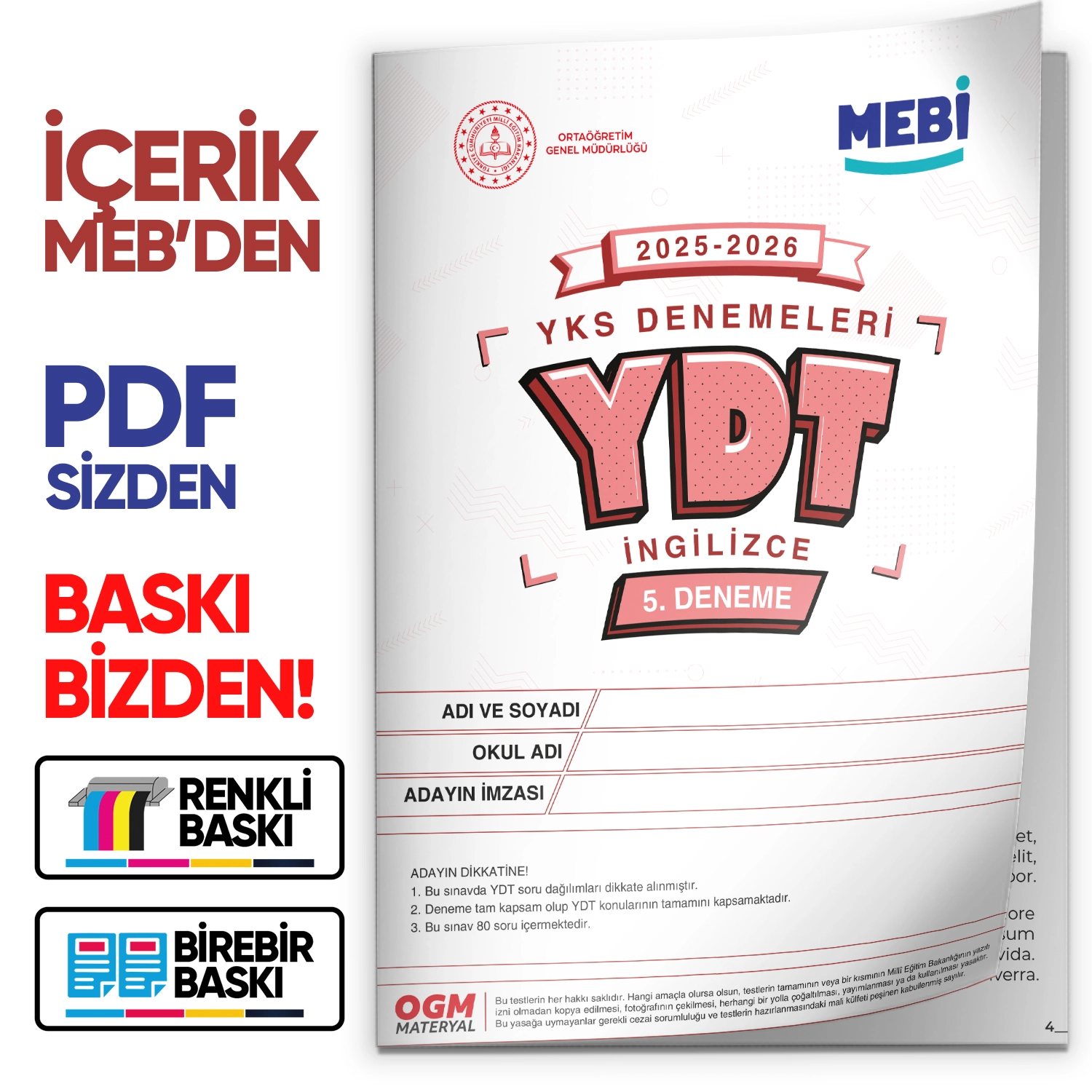 2026 YKS-YDT İNGİLİZCE MEBİ ONLİNE OGM Türkiye Geneli 5. Deneme  Büyük Boy Renkli BASKI ÜCRETİ