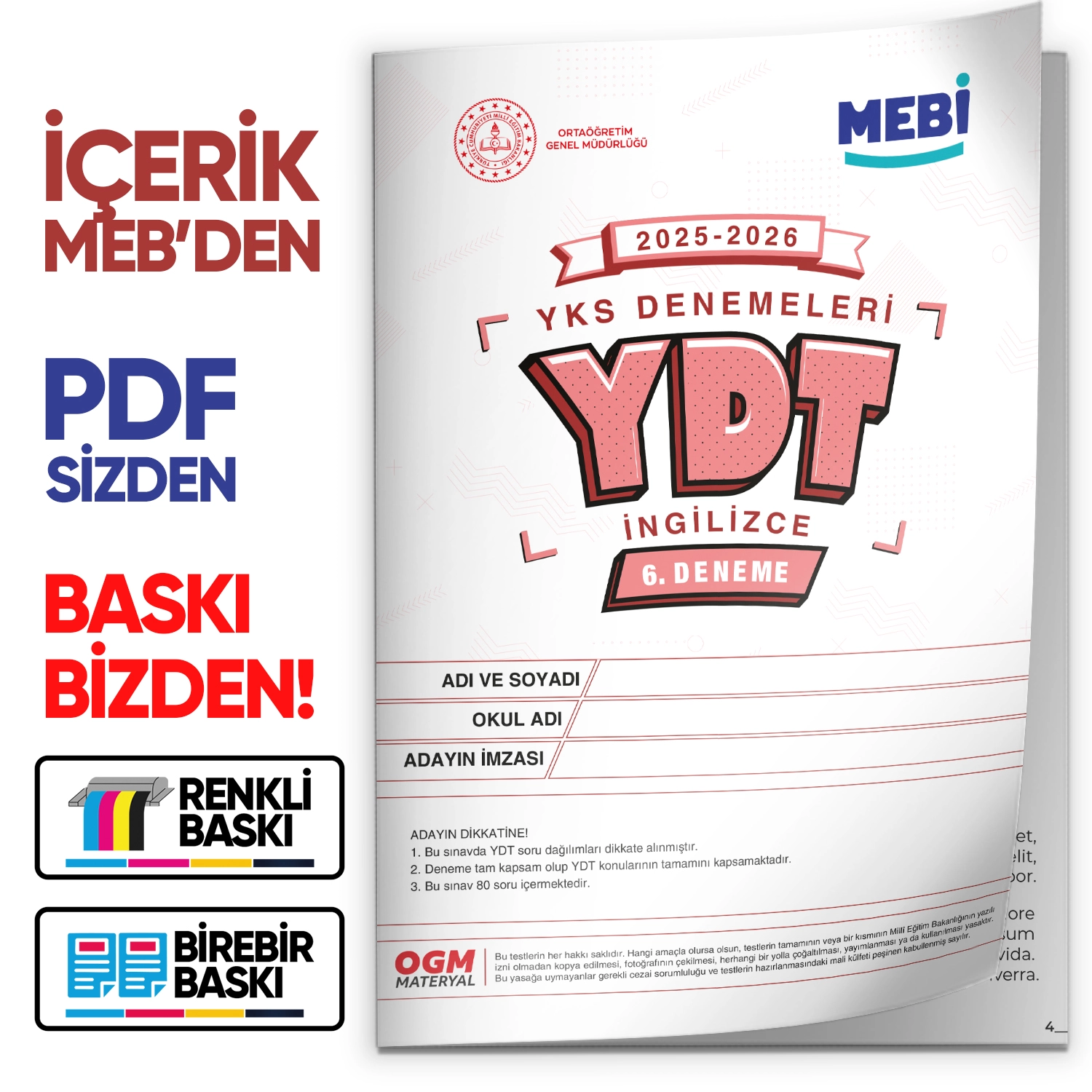 2026 YKS-YDT İNGİLİZCE MEBİ ONLİNE OGM Türkiye Geneli 6. Deneme  Büyük Boy Renkli BASKI ÜCRETİ