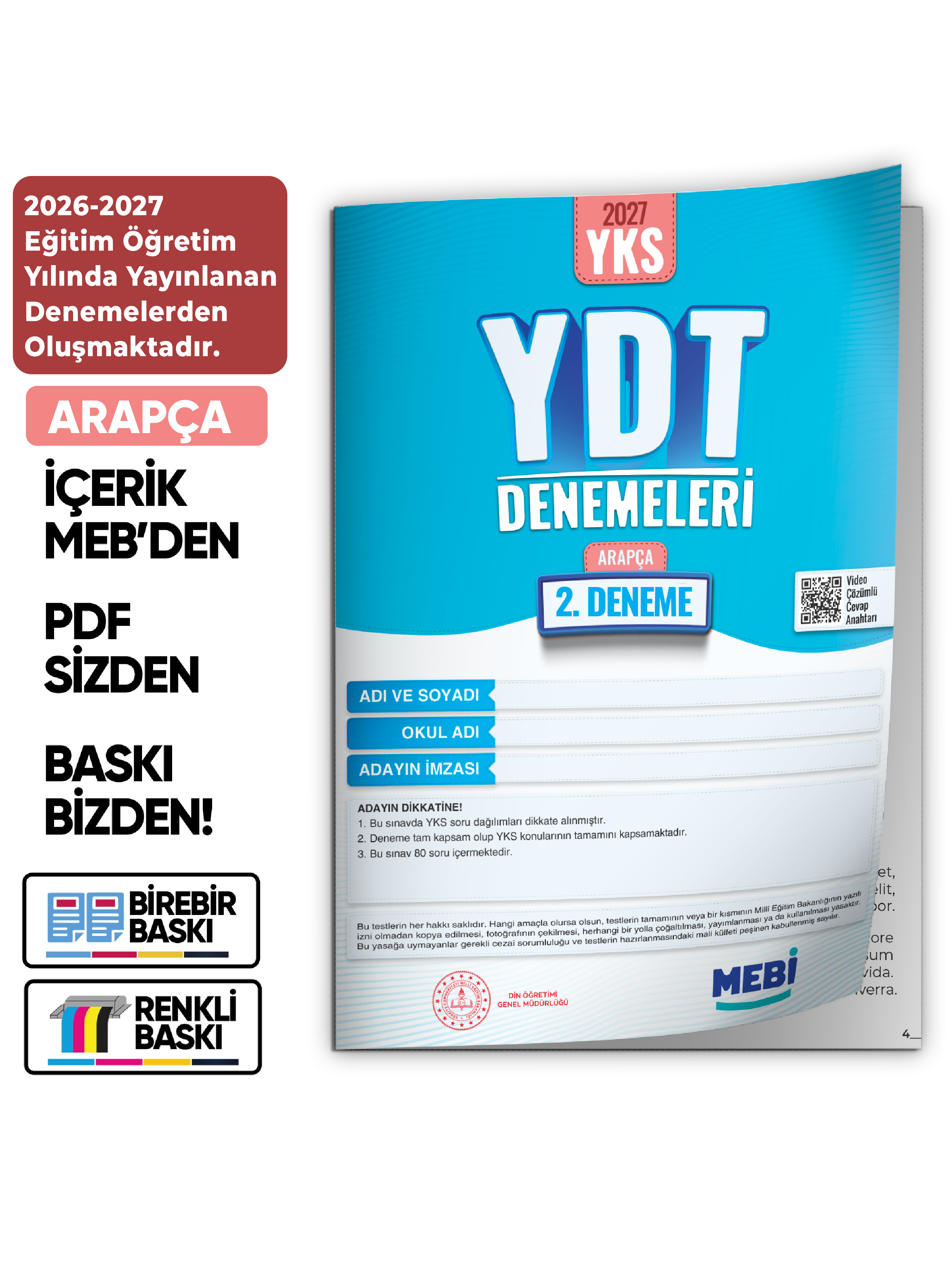 2027 YDT ARAPÇA MEBi-OGM ONLİNE Türkiye Geneli 2. Deneme Büyük Boy RENKLİ BASKI ÜCRETİ