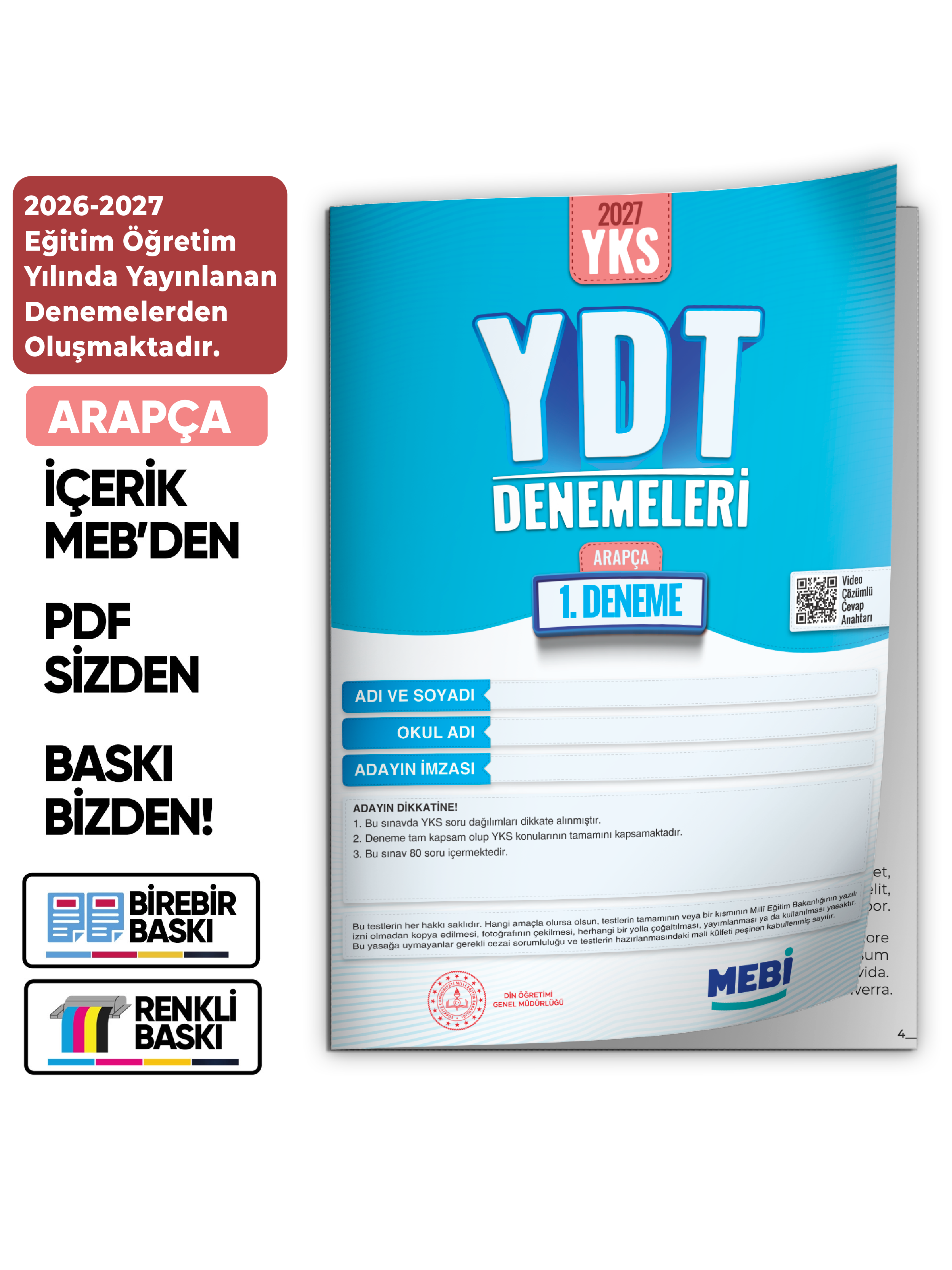 2027 YDT ARAPÇA MEBi-OGM ONLİNE Türkiye Geneli 1. Deneme Büyük Boy RENKLİ BASKI ÜCRETİ