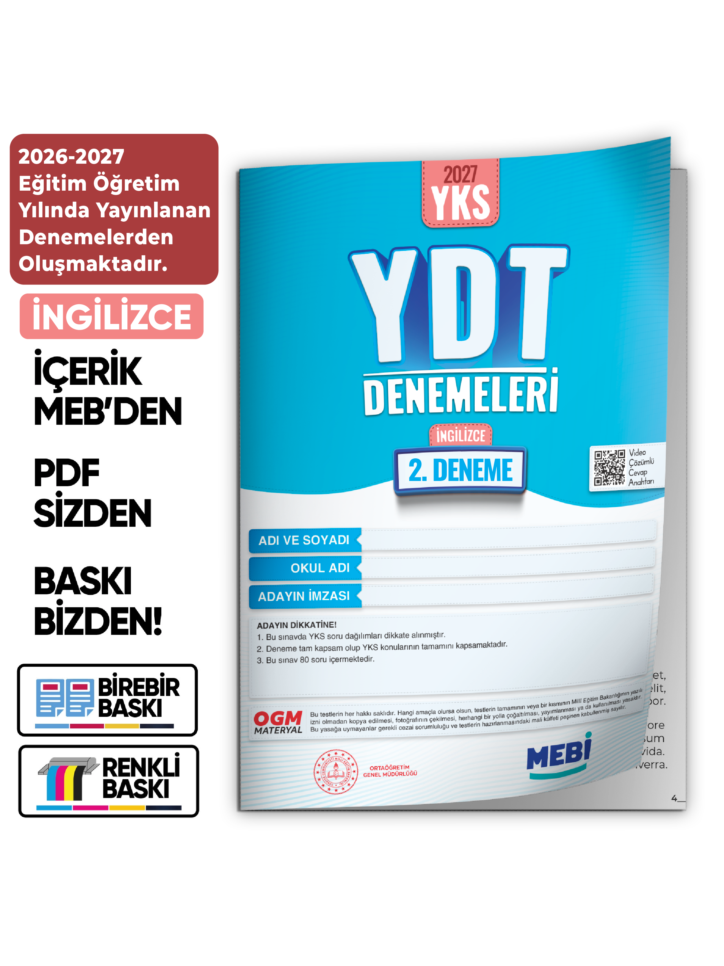 2027 YDT İNGİLİZCE MEBi-OGM ONLİNE Türkiye Geneli 2. Deneme Büyük Boy RENKLİ BASKI ÜCRETİ