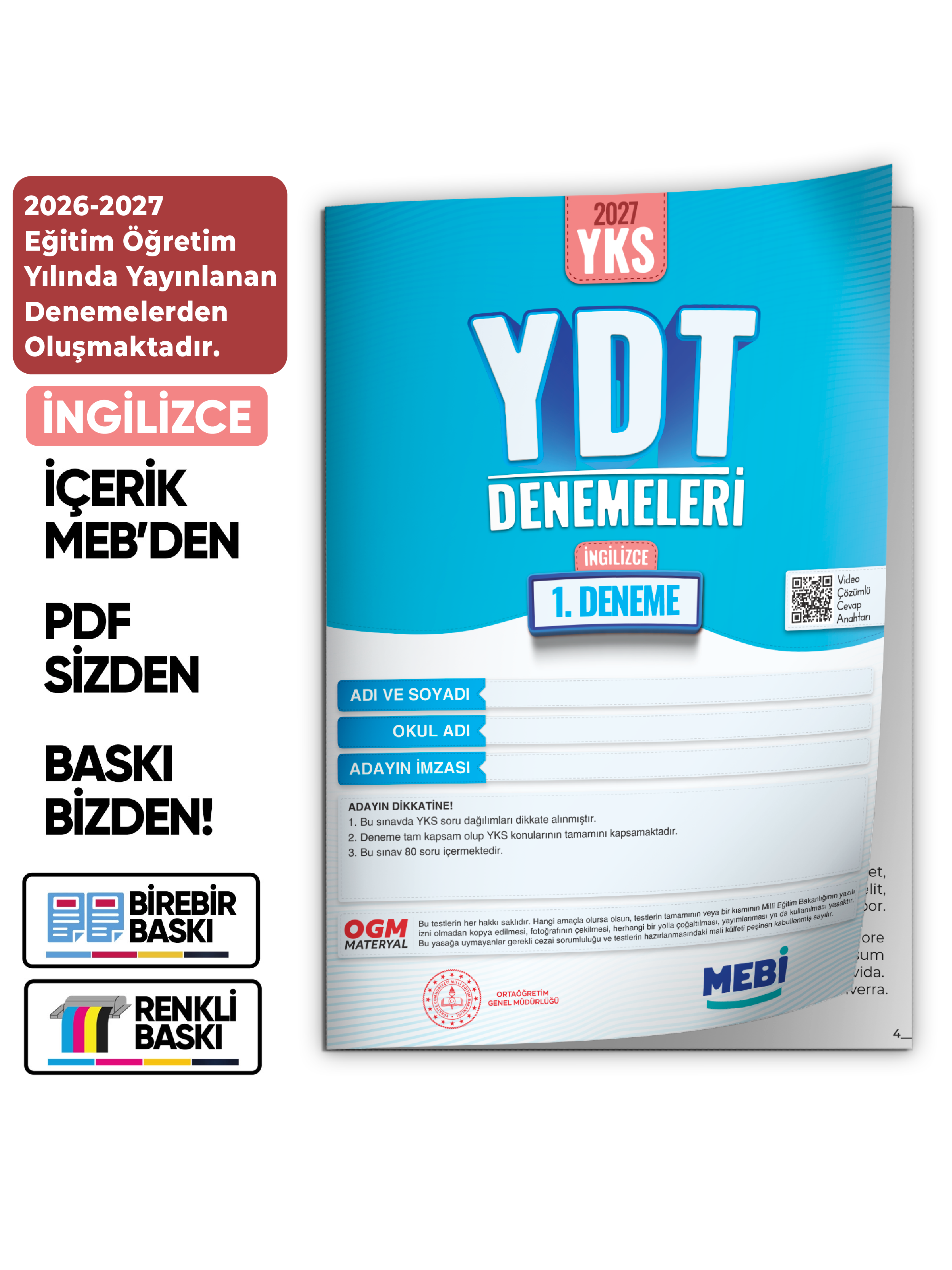 2027 YDT İNGİLİZCE MEBi-OGM ONLİNE Türkiye Geneli 1. Deneme Büyük Boy RENKLİ BASKI ÜCRETİ