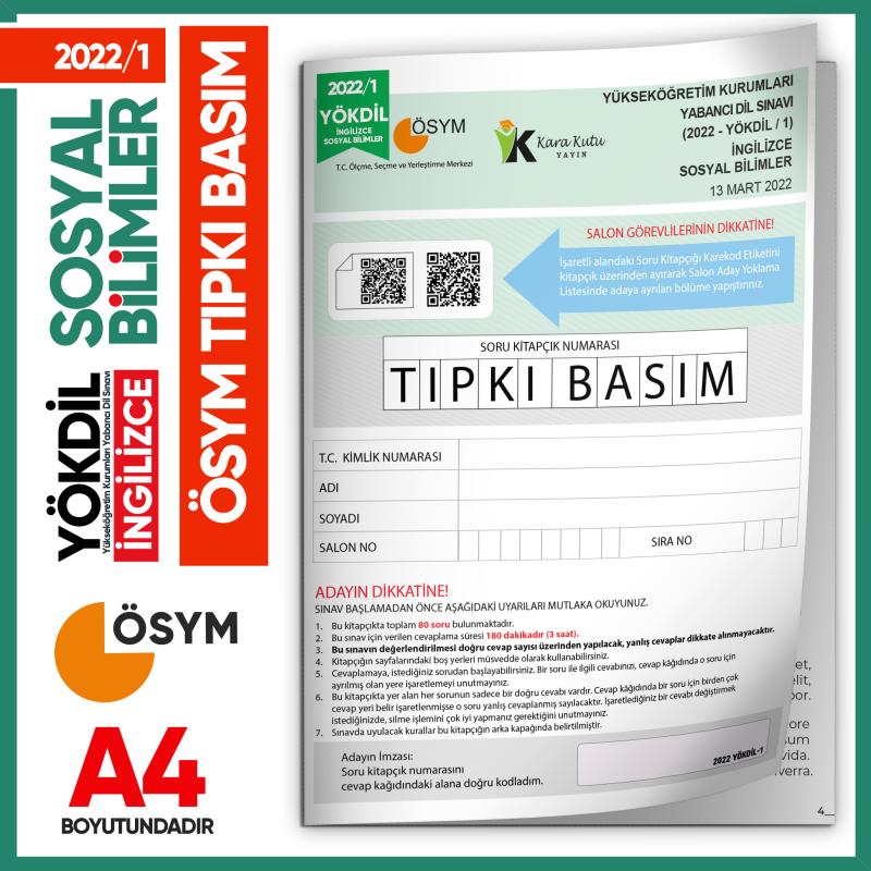 2022/1 YÖKDİL İngilizce SOSYAL BİLİMLER ÖSYM Çıkmış Soru Tıpkı Basım Deneme Kitapçığı Türkiye Geneli
