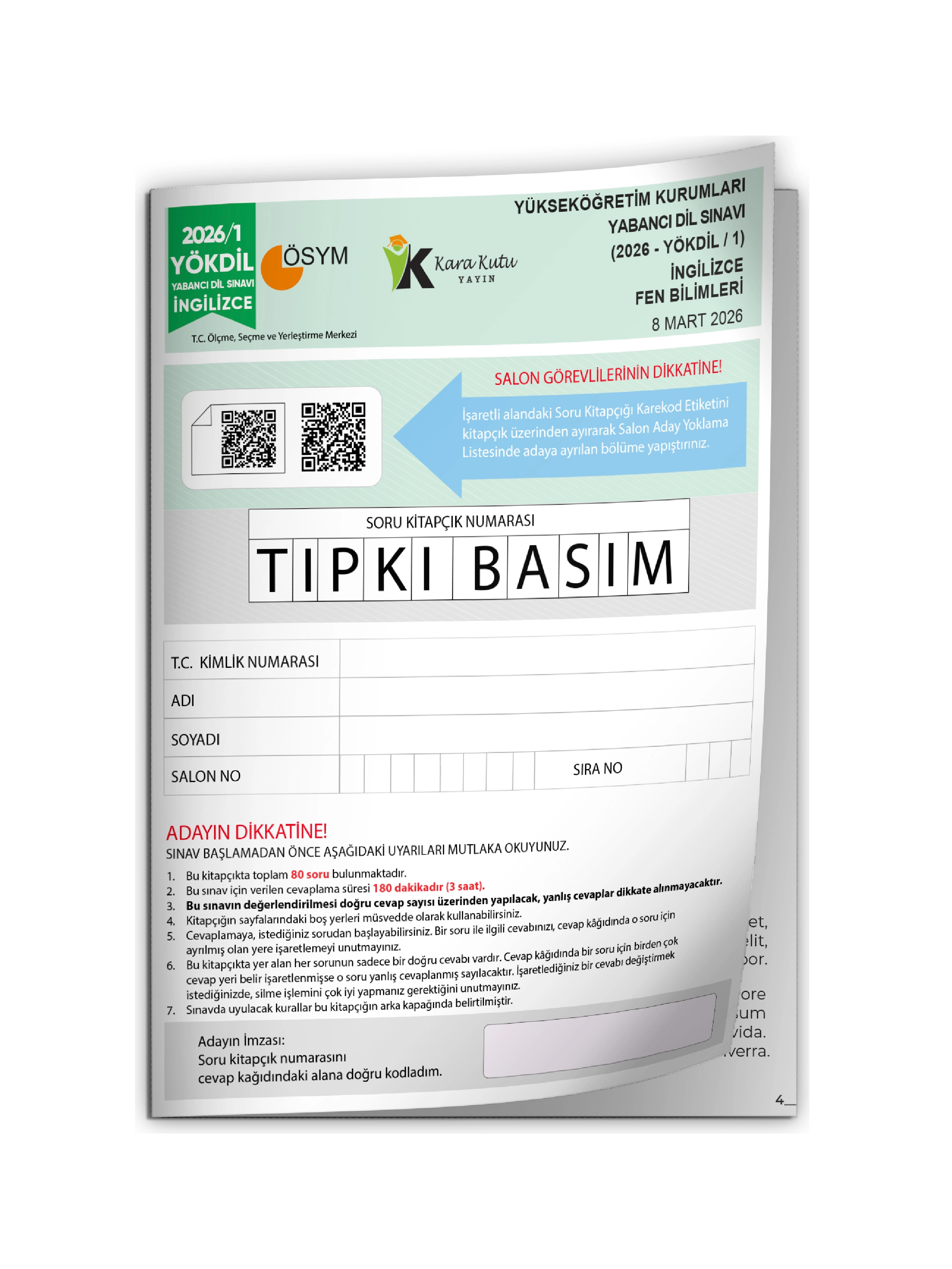 2026/1 YÖKDİL İngilizce FEN BİLİMLERİ ÖSYM Çıkmış Soru Tıpkı Basım Deneme Kitapçığı Türkiye Geneli