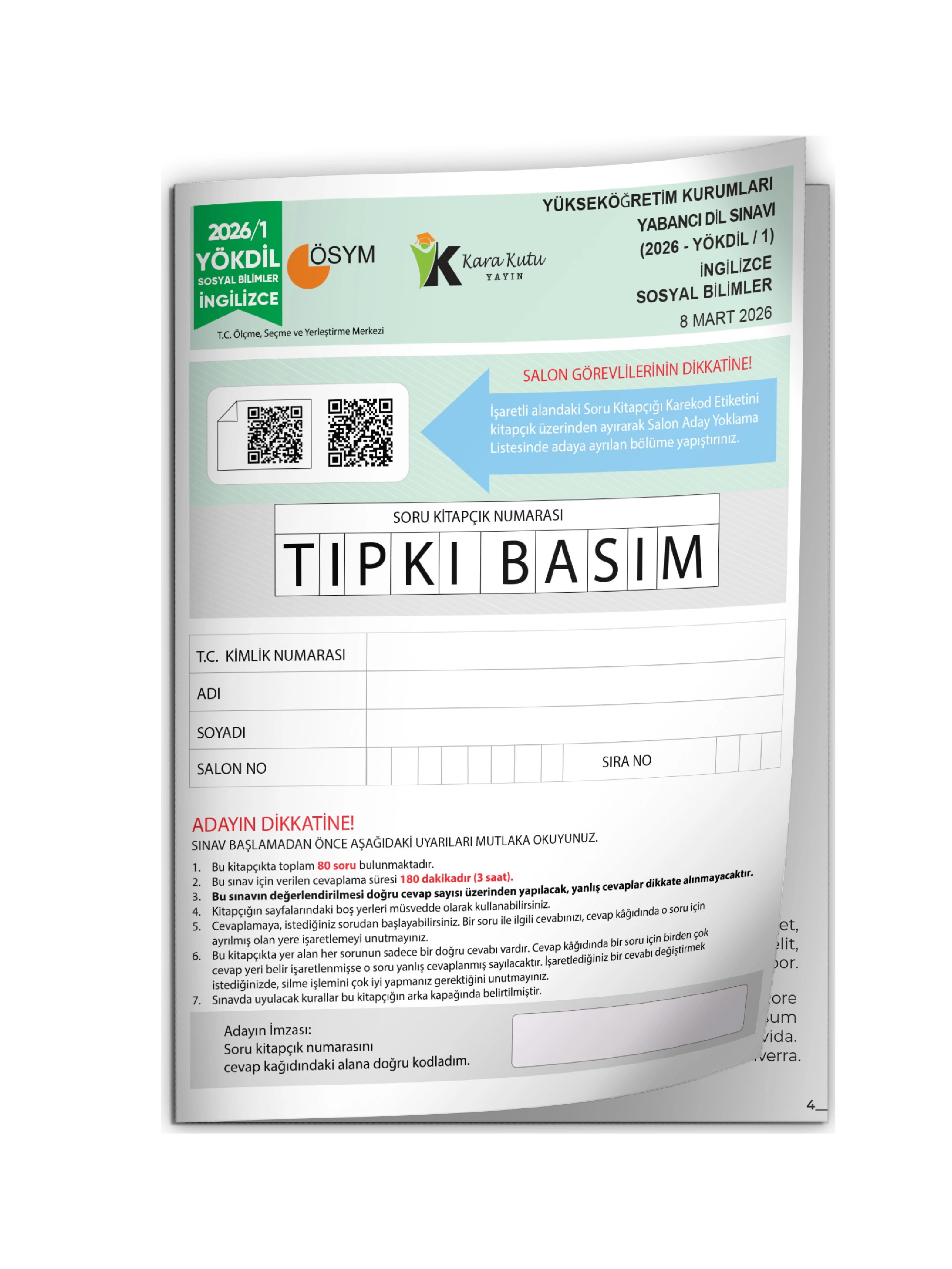 2026/1 YÖKDİL İngilizce SOSYAL BİLİMLER ÖSYM Çıkmış Soru Tıpkı Basım Deneme Kitapçığı Türkiye Geneli